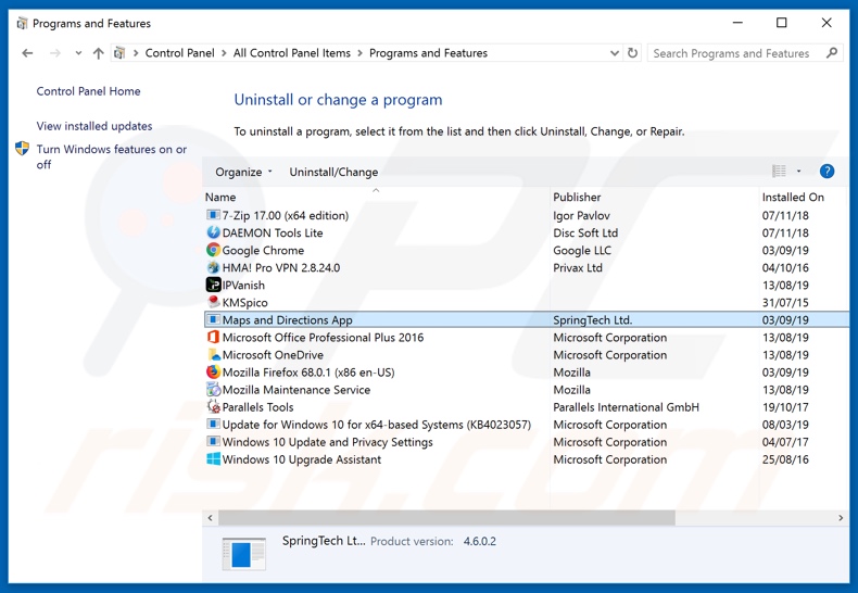 search.mapsanddirectionstab.com browser hijacker uninstall via Control Panel