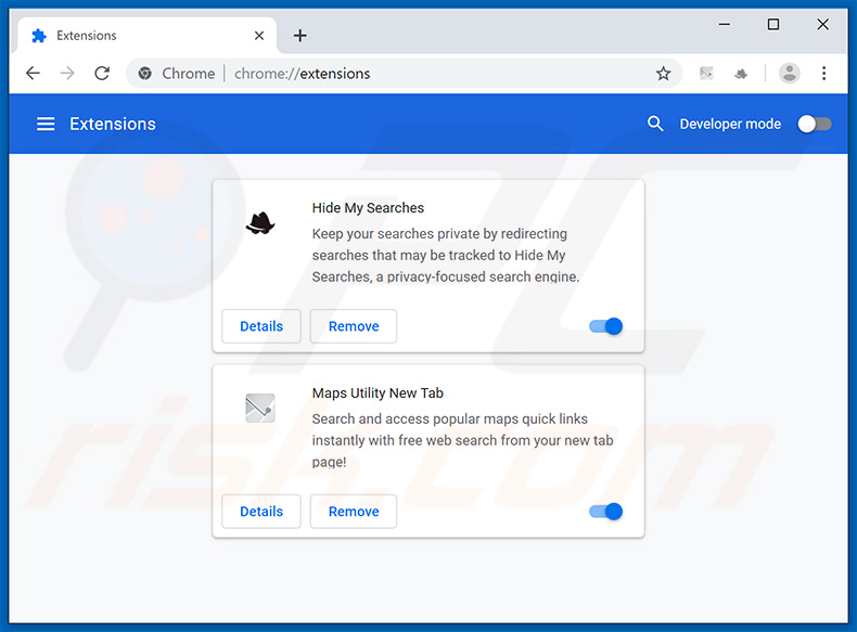 Removing search.mapsutilitytab.com related Google Chrome extensions