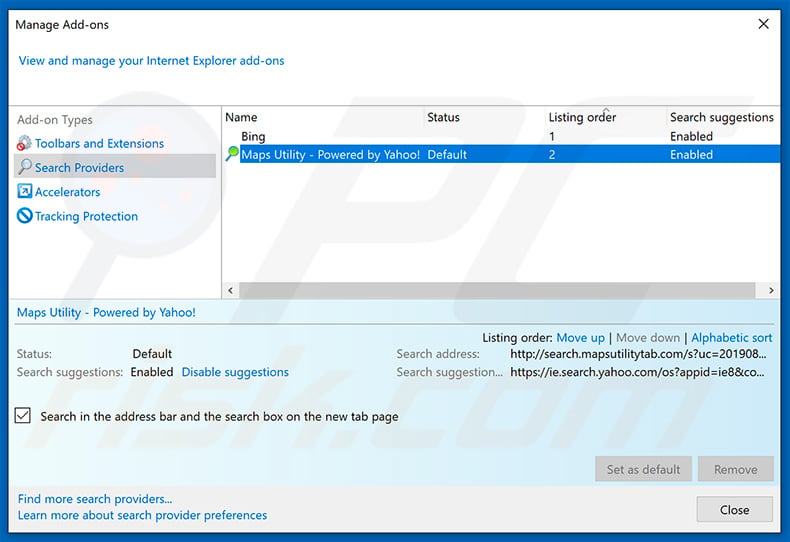 Removing search.mapsutilitytab.com from Internet Explorer default search engine