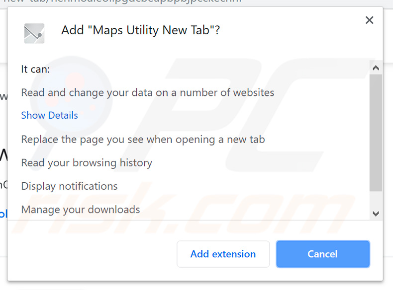 Maps Utility browser hijacker permissions