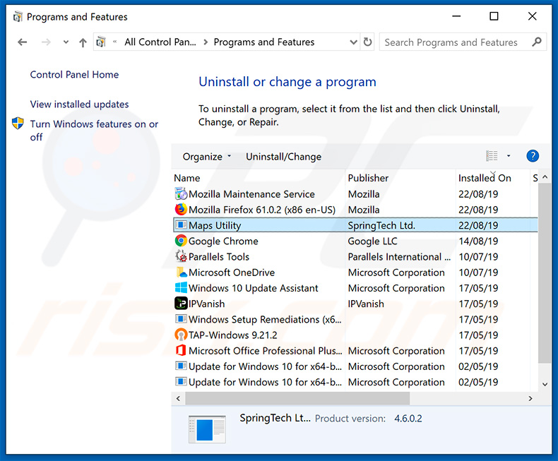 search.mapsutilitytab.com browser hijacker uninstall via Control Panel