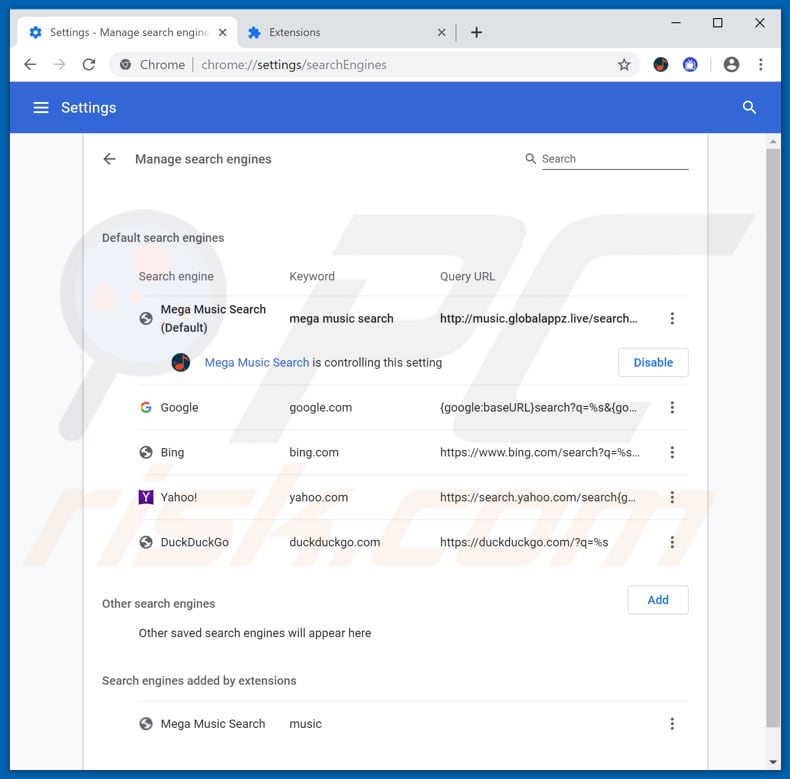 Removing music.globalappz.live from Google Chrome default search engine