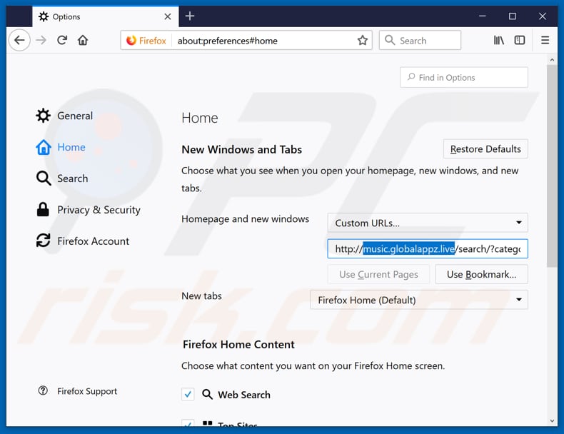 Removing music.globalappz.live from Mozilla Firefox homepage