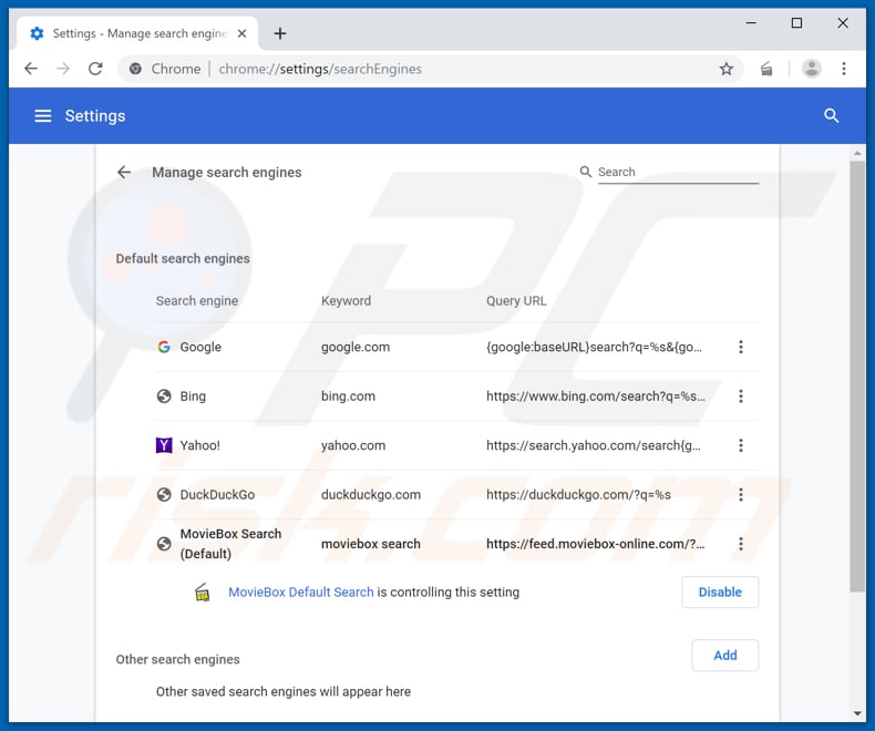 Removing feed.moviebox-online.com from Google Chrome default search engine