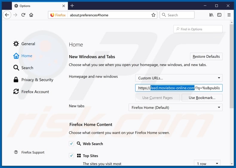 Removing feed.moviebox-online.com from Mozilla Firefox homepage