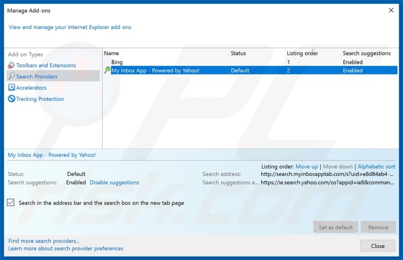 Removing search.myinboxapptab.com from Internet Explorer default search engine