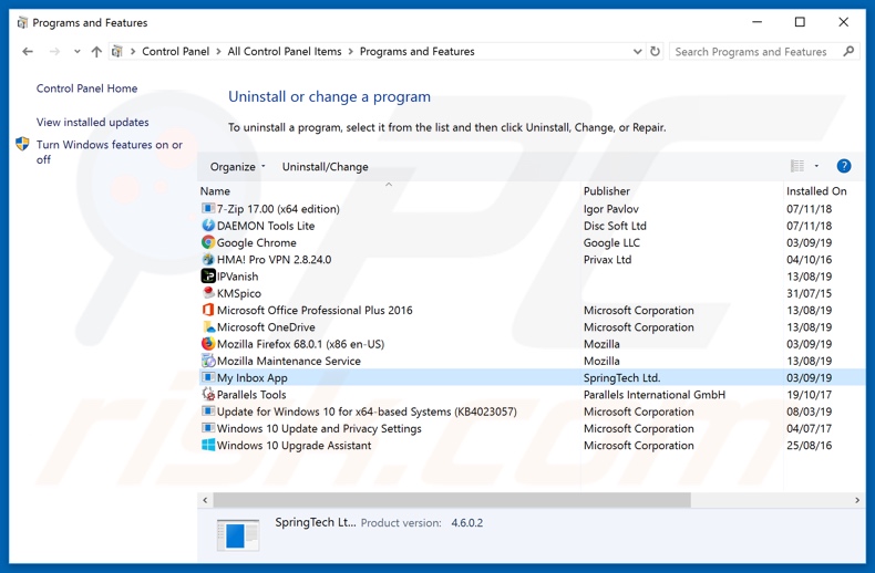 search.myinboxapptab.com browser hijacker uninstall via Control Panel