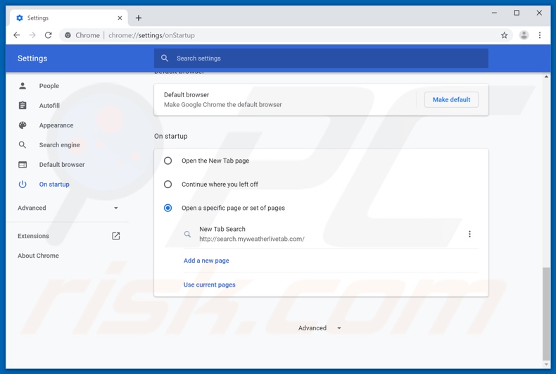 Removing search.myweatherlivetab.com from Google Chrome homepage