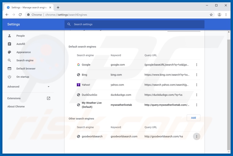 Removing search.myweatherlivetab.com from Google Chrome default search engine