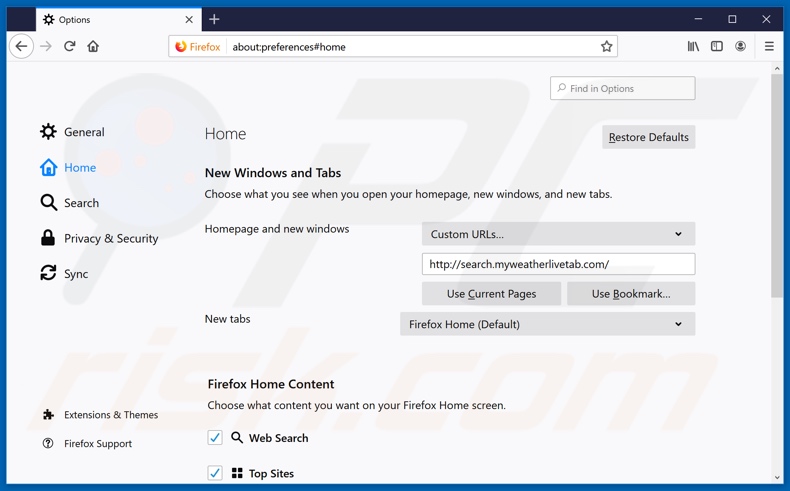 Removing search.myweatherlivetab.com from Mozilla Firefox homepage