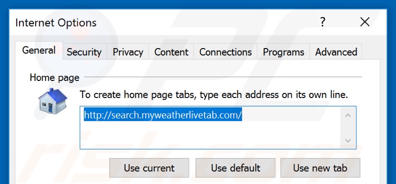 Removing search.myweatherlivetab.com from Internet Explorer homepage