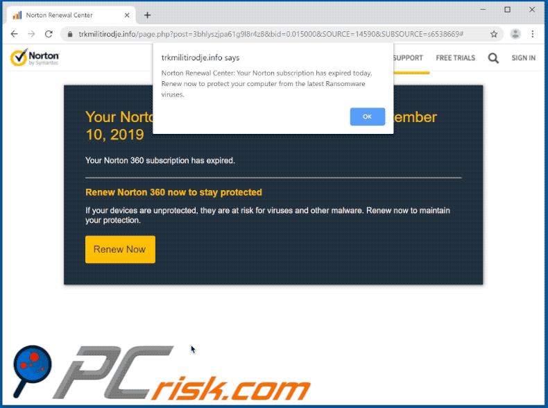 Appearance of the Norton Subscription Has Expired Today scam