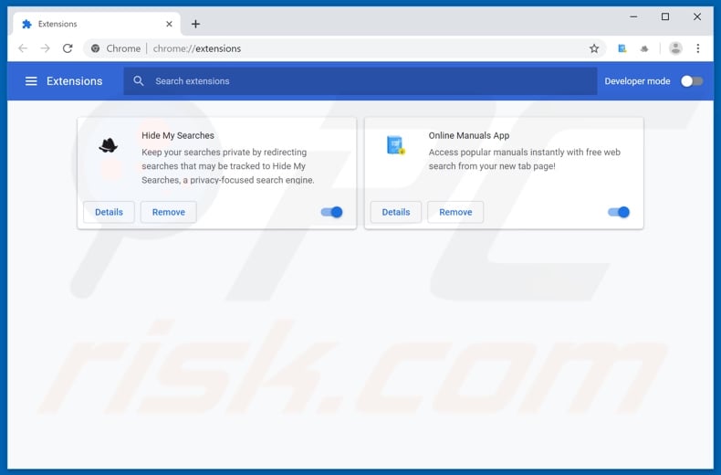 Removing search.onlinemanualsapptab.com related Google Chrome extensions