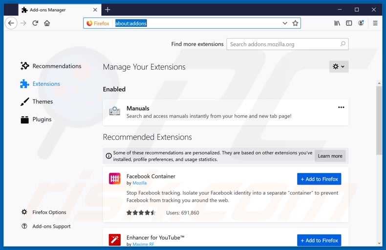 Removing search.onlinemanualsapptab.com related Mozilla Firefox extensions