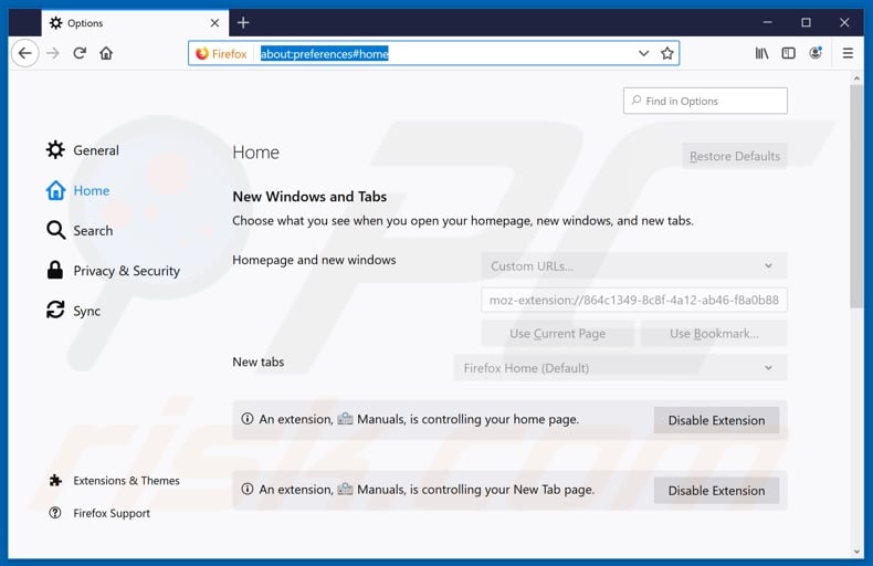 Removing search.onlinemanualsapptab.com from Mozilla Firefox homepage