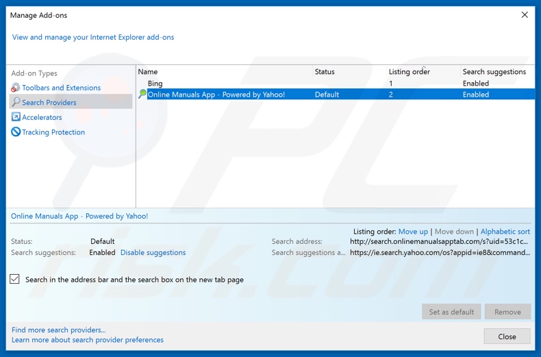 Removing search.onlinemanualsapptab.com from Internet Explorer default search engine