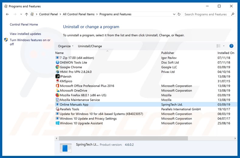 search.onlinemanualsapptab.com browser hijacker uninstall via Control Panel