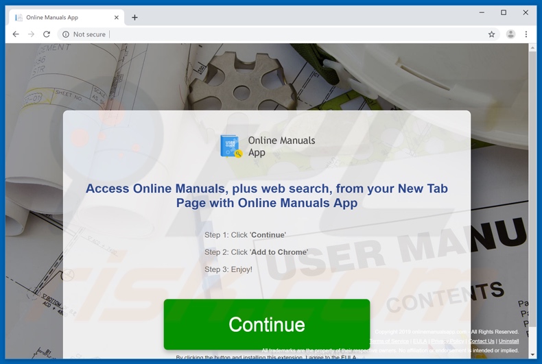 Website used to promote Online Manuals App browser hijacker