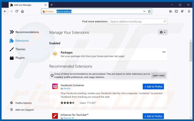 Removing search.packagetrackingapptab.com related Mozilla Firefox extensions