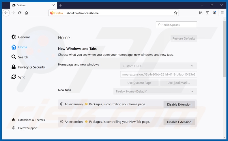 Removing search.packagetrackingapptab.com from Mozilla Firefox homepage