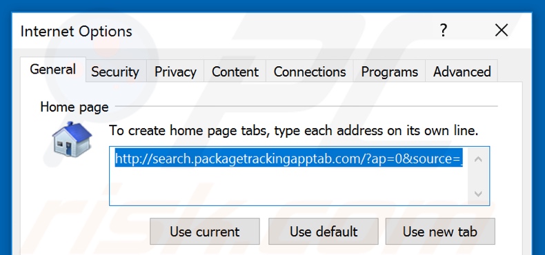 Removing search.packagetrackingapptab.com from Internet Explorer homepage