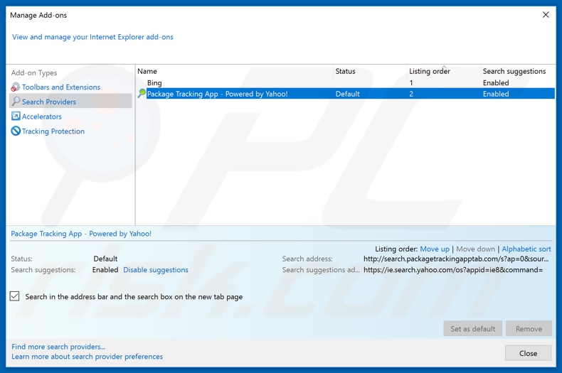 Removing search.packagetrackingapptab.com from Internet Explorer default search engine