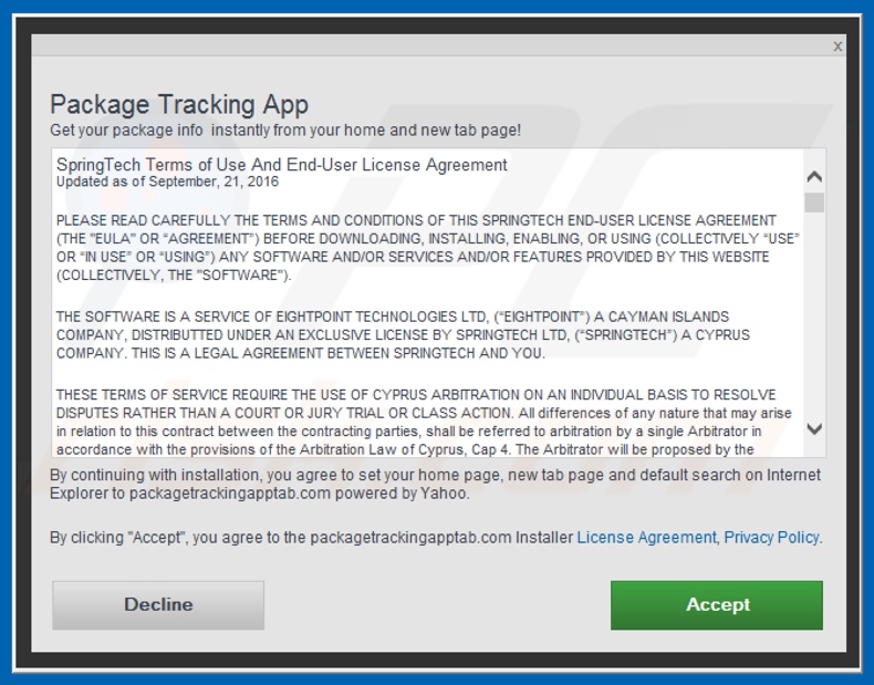Official Package Tracking App browser hijacker installation setup