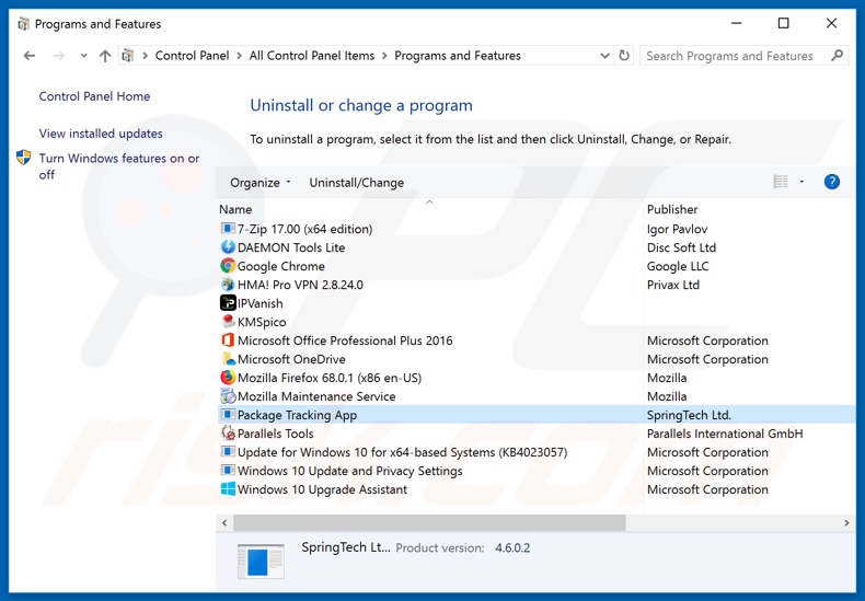 search.packagetrackingapptab.com browser hijacker uninstall via Control Panel