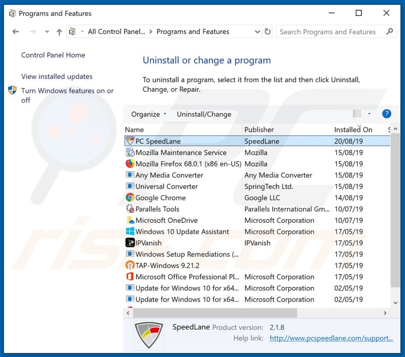 PC SpeedLane adware uninstall via Control Panel