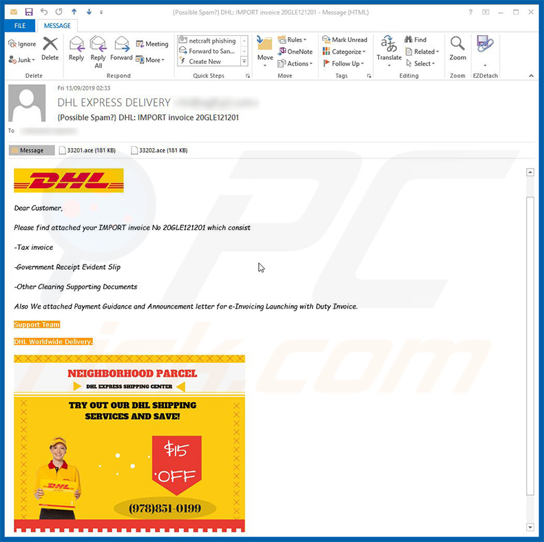 DHL email spam campaign distributing Pony virus