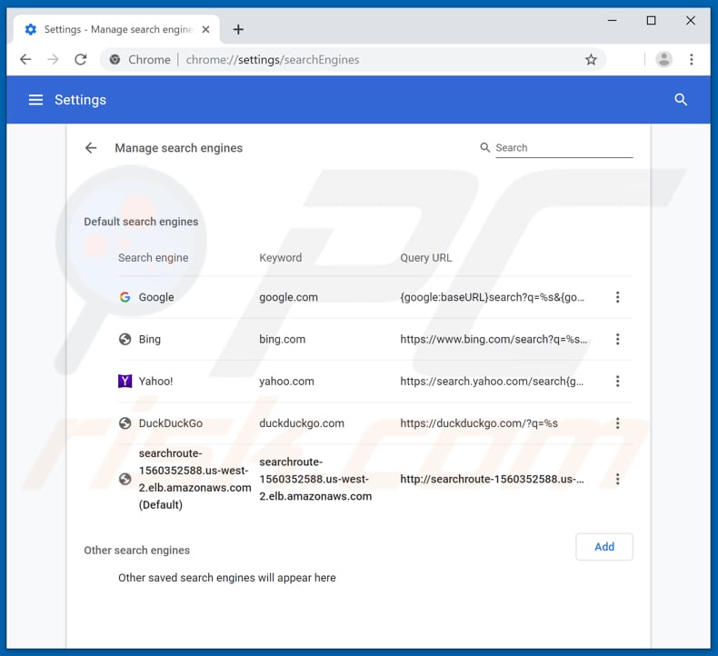 Removing searchroute-1560352588.us-west-2.elb.amazonaws.com from Google Chrome default search engine