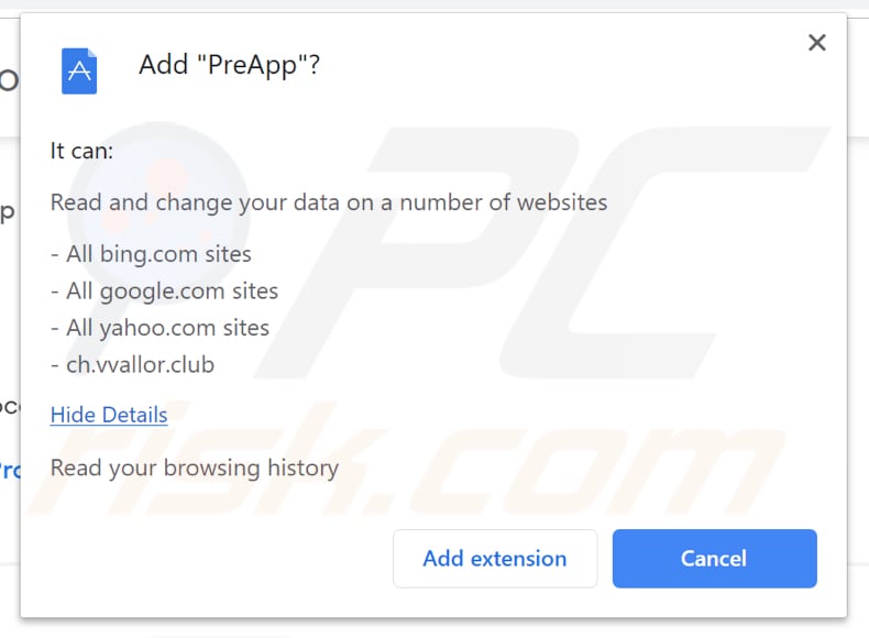 PreApp download page asks for various permissions