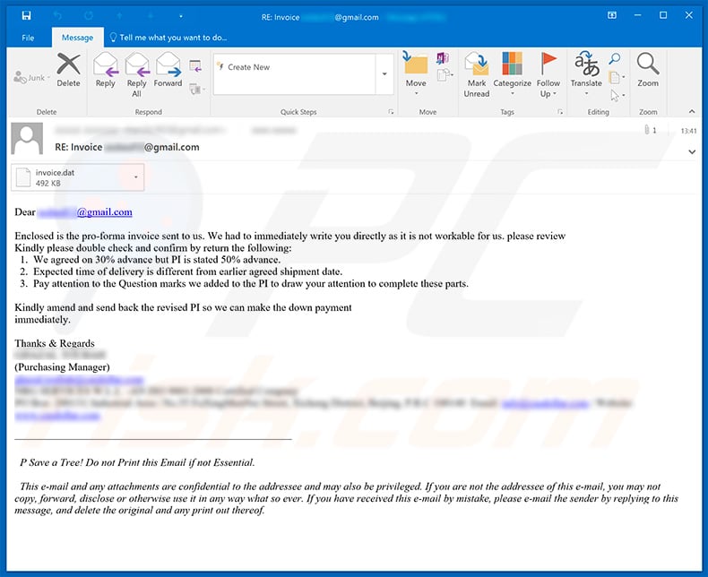 Proforma Email Virus distributing Remcos RAT