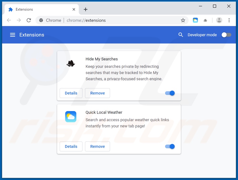 Removing search.hquicklocalweather.com related Google Chrome extensions