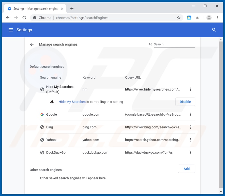 Removing search.hquicklocalweather.com from Google Chrome default search engine