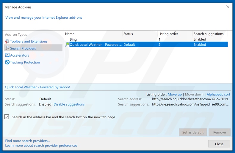 Removing search.hquicklocalweather.com from Internet Explorer default search engine