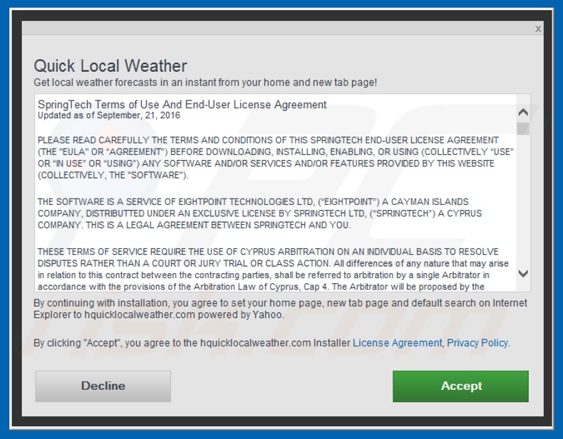 Official Quick Local Weather browser hijacker installation setup