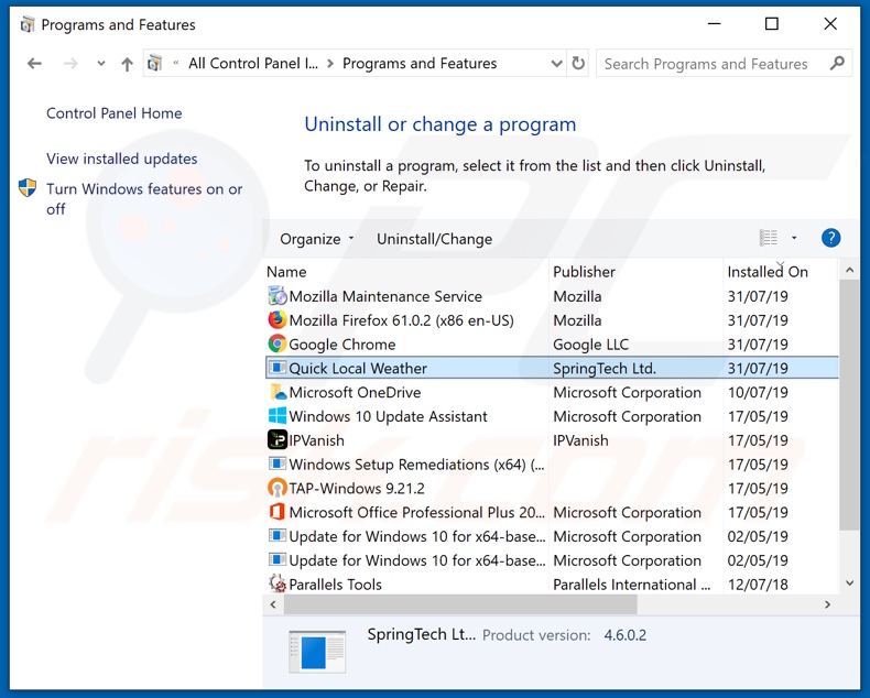 search.hquicklocalweather.com browser hijacker uninstall via Control Panel