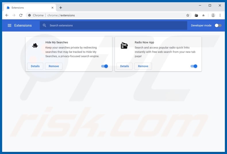 Removing search.radionowtab.com related Google Chrome extensions