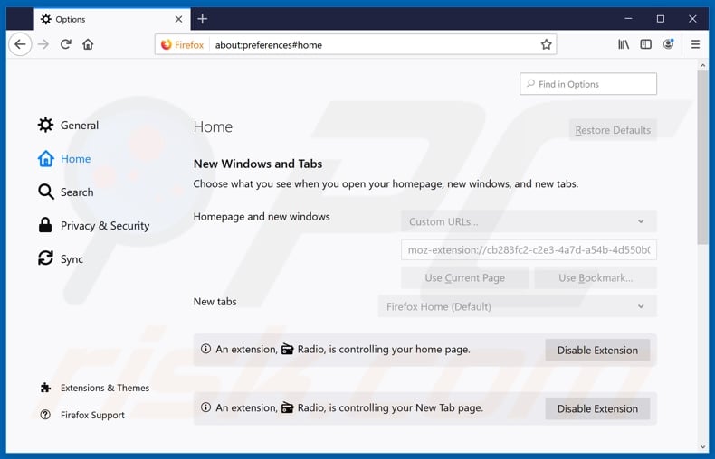Removing search.radionowtab.com from Mozilla Firefox homepage