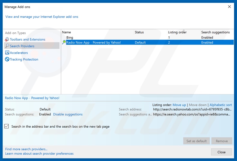 Removing search.radionowtab.com from Internet Explorer default search engine