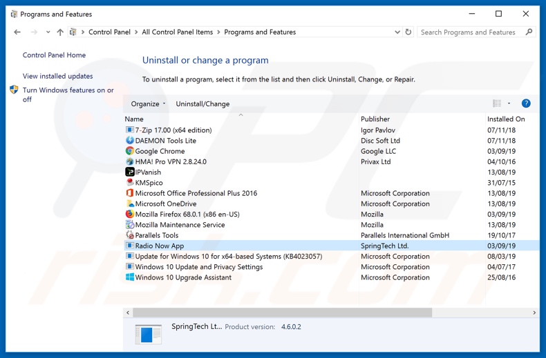 search.radionowtab.com browser hijacker uninstall via Control Panel