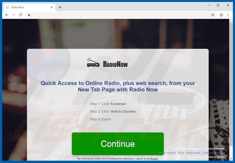 Website used to promote Radio Now App browser hijacker