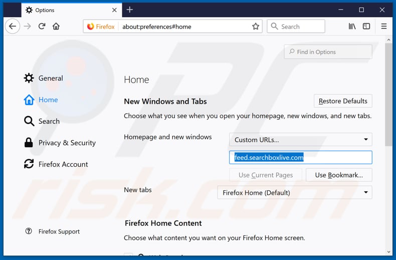 Removing feed.searchboxlive.com from Mozilla Firefox homepage