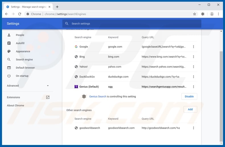 Removing searchgeniusapp.com from Google Chrome default search engine