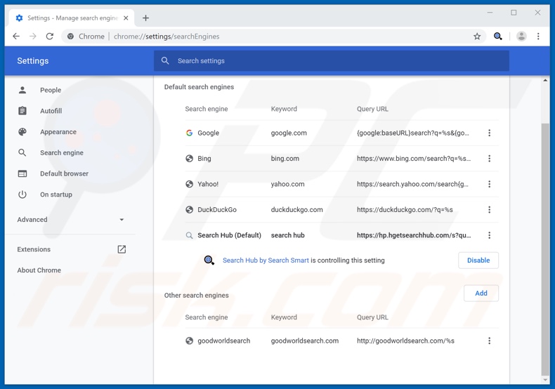 Removing search.hgetsearchhub.com from Google Chrome default search engine