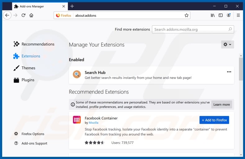 Removing search.hgetsearchhub.com related Mozilla Firefox extensions