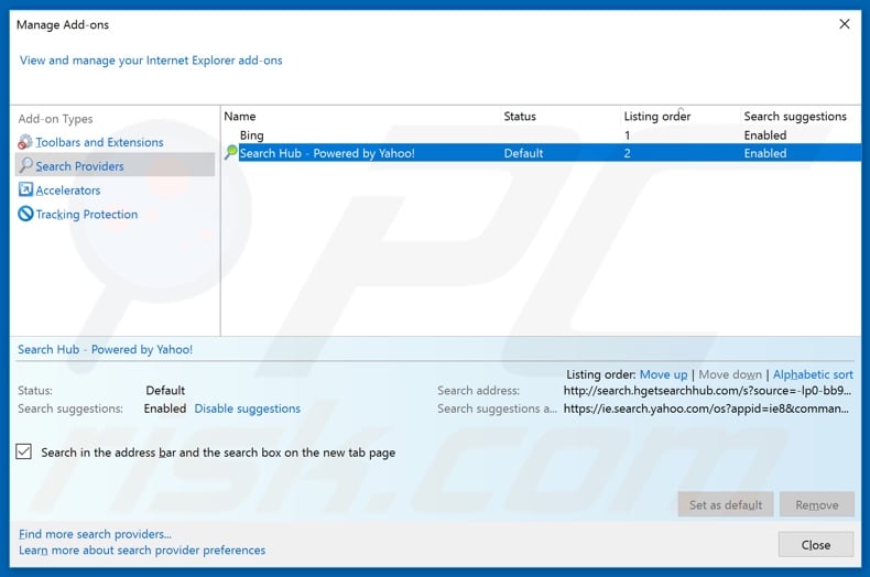 Removing search.hgetsearchhub.com from Internet Explorer default search engine