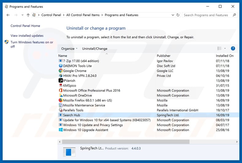 search.hgetsearchhub.com browser hijacker uninstall via Control Panel