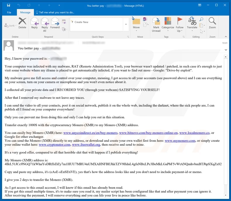 Sextortion Email (Monero) spam campaign